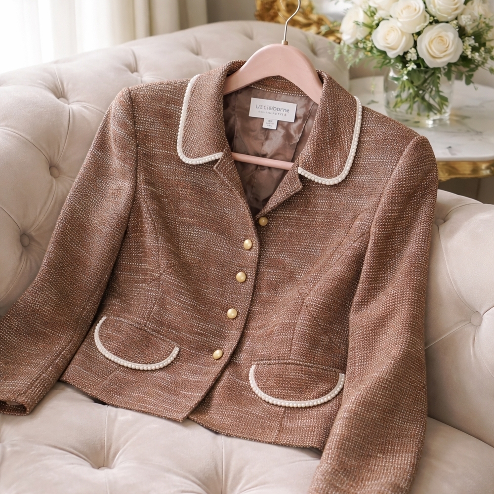 Liz Claiborne Vintage Cropped Brown Tweed Blazer with Faux Pearl Buttons Size 8